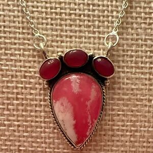 Sterling Silver Necklace with Rhodochrosite and Garnet Pink Pendant Necklace
